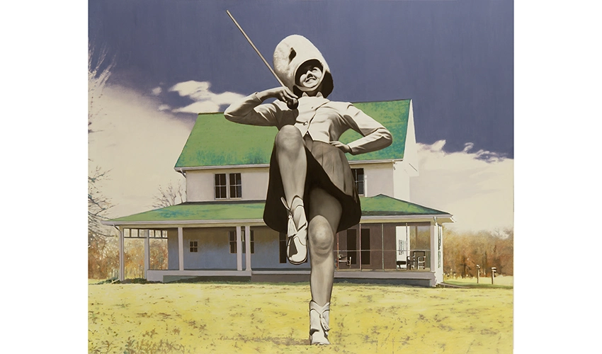 painting of an oversized black and white drum majorette in the foreground and a farm house in color in the background